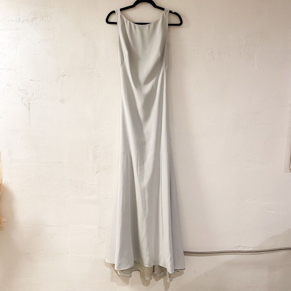 Theia Bridesmaid Bianca Twist Back Maxi Gown in Silver Size 6